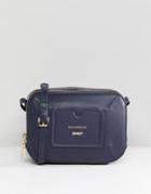 Paul Costelloe Real Leather Zip Around Cross Body Bag With Stitched Pocket In Navy - Navy