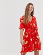 Influence Floral Wrap Dress With Tie Sleeve And Ruffle In Red - Red