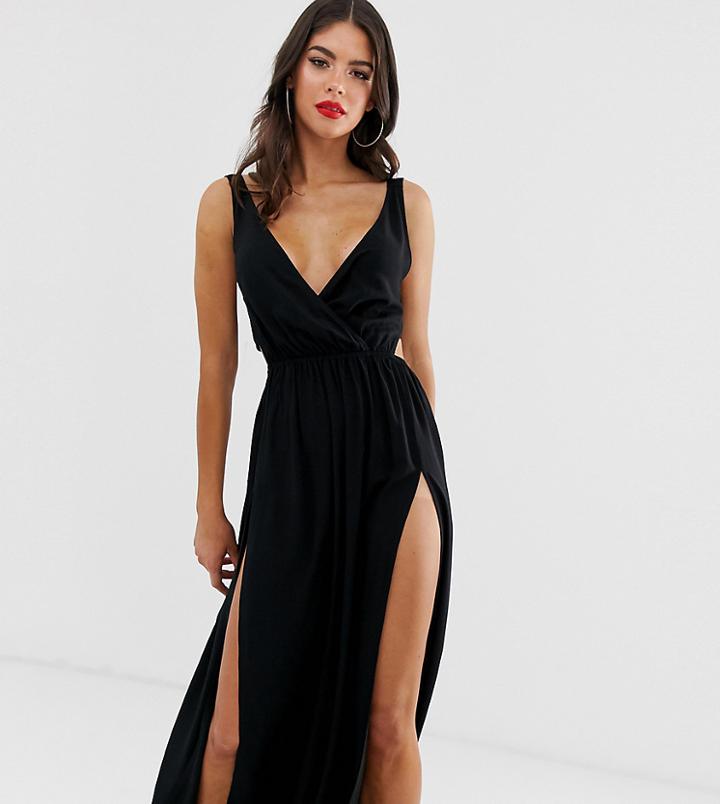 Asos Design Tall Tie Back Cross Front Split Maxi Beach Dress In Black