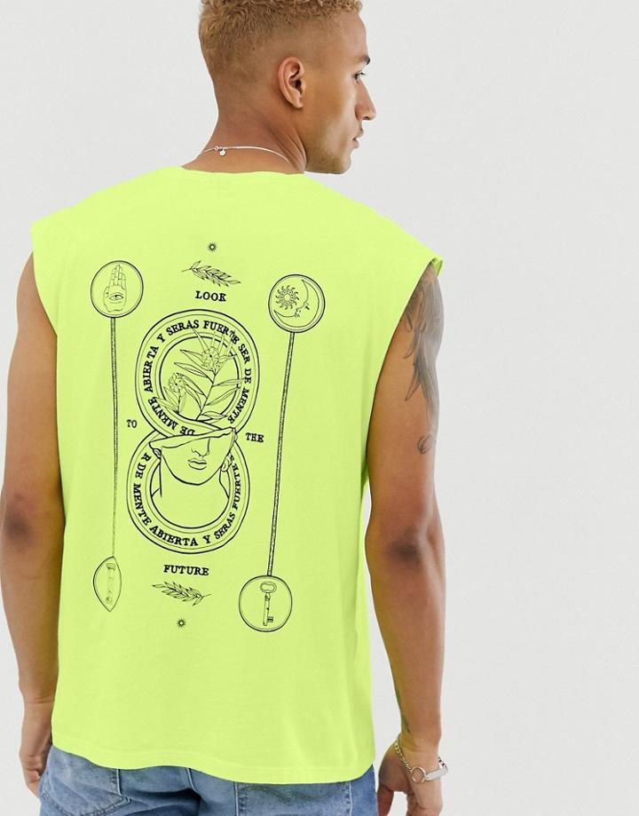 Asos Design Oversized Sleeveless T-shirt With Futuristic Back Print And Embroidery - Yellow