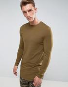 Asos Super Longline Muscle Long Sleeve T-shirt With Curved Hem In Khaki - Pink
