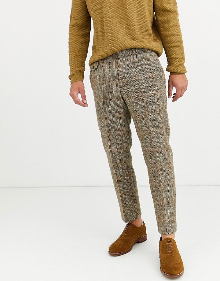 Asos Design Slim Crop Smart Pants In 100% Wool Harris Tweed In Brown Twill Check
