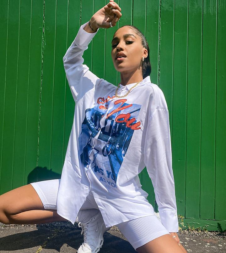 Asyou Front Slogan Oversized Shirt In White