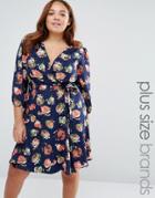 Yumi Plus Floral Print Skater Dress With Wrap Front - Navy