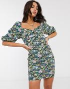 Bershka Ruched Mini Dress With Puff Sleeves In Floral Print-yellow