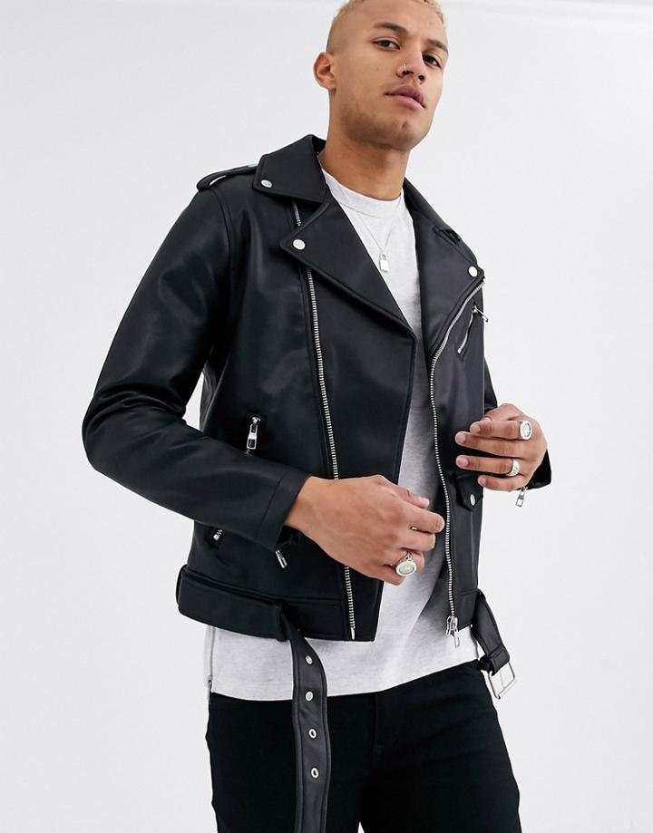 Bershka Faux Leather Biker Jacket In Black