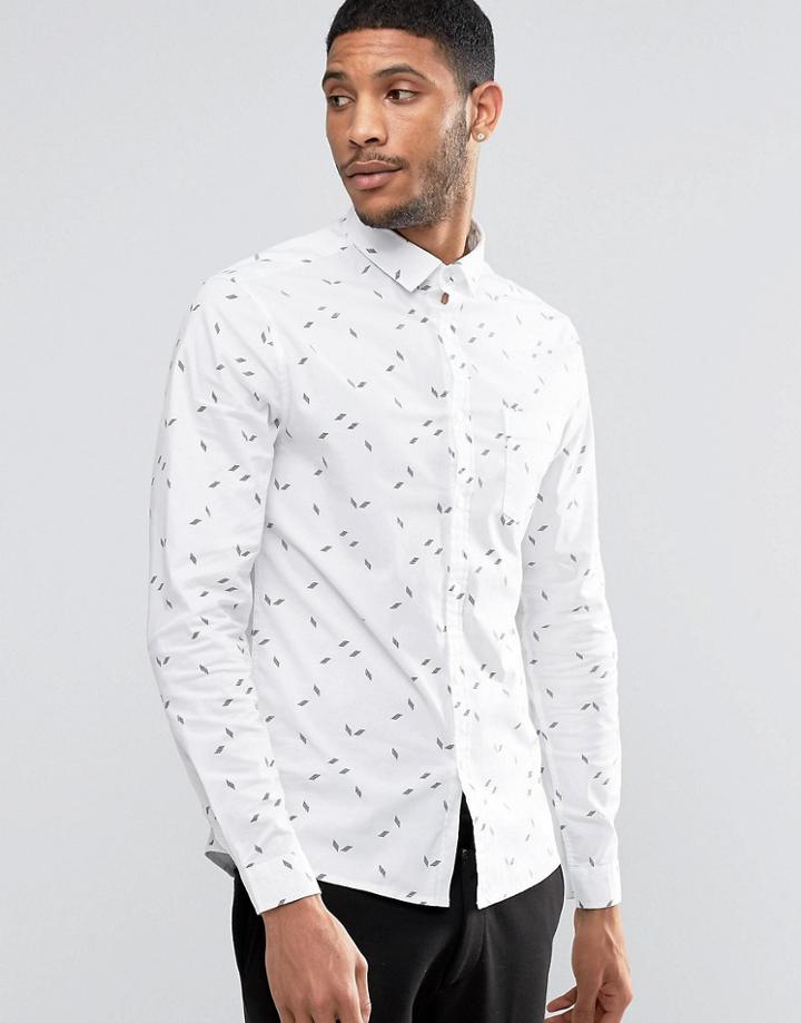 Asos Skinny Shirt With Geo Ditsy Print With Long Sleeves In White - White