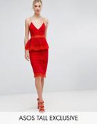 Asos Tall Salon Color Block Lace Peplum Midi Dress - Red