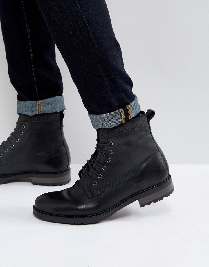 Asos Lace Up Work Boots In Black Leather With Faux Shearling Lining - Black