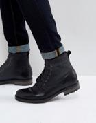 Asos Lace Up Work Boots In Black Leather With Faux Shearling Lining - Black