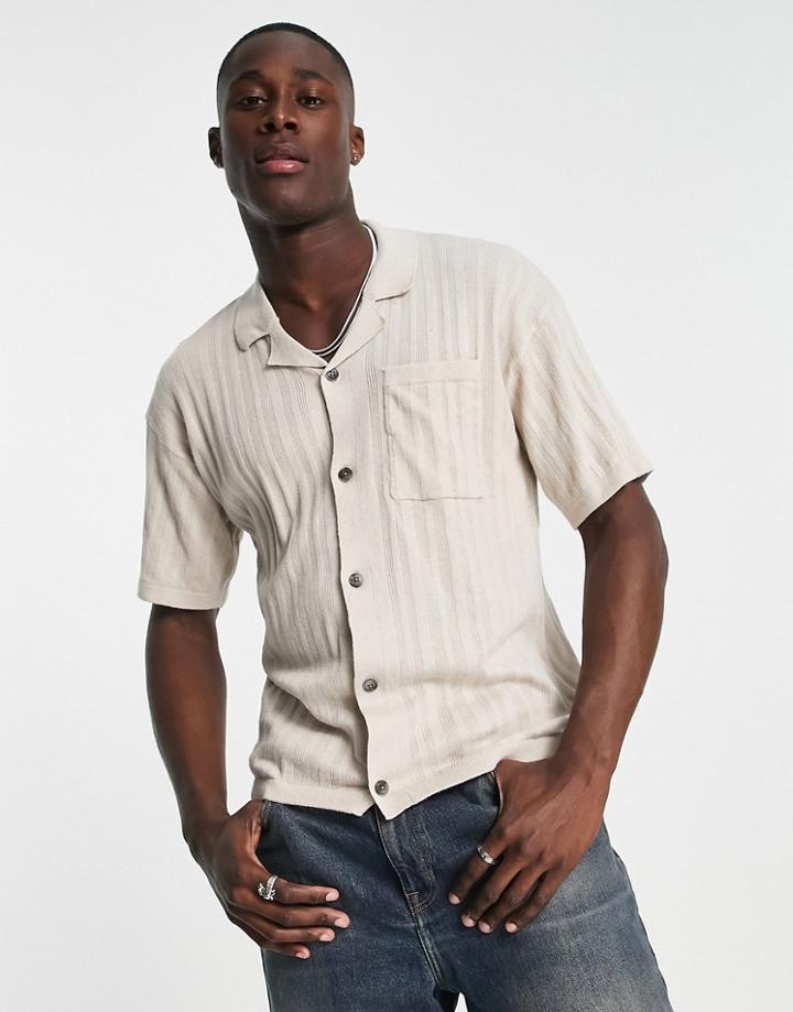 Jack & Jones Premium Knitted Shirt With Revere Collar In Stone-neutral