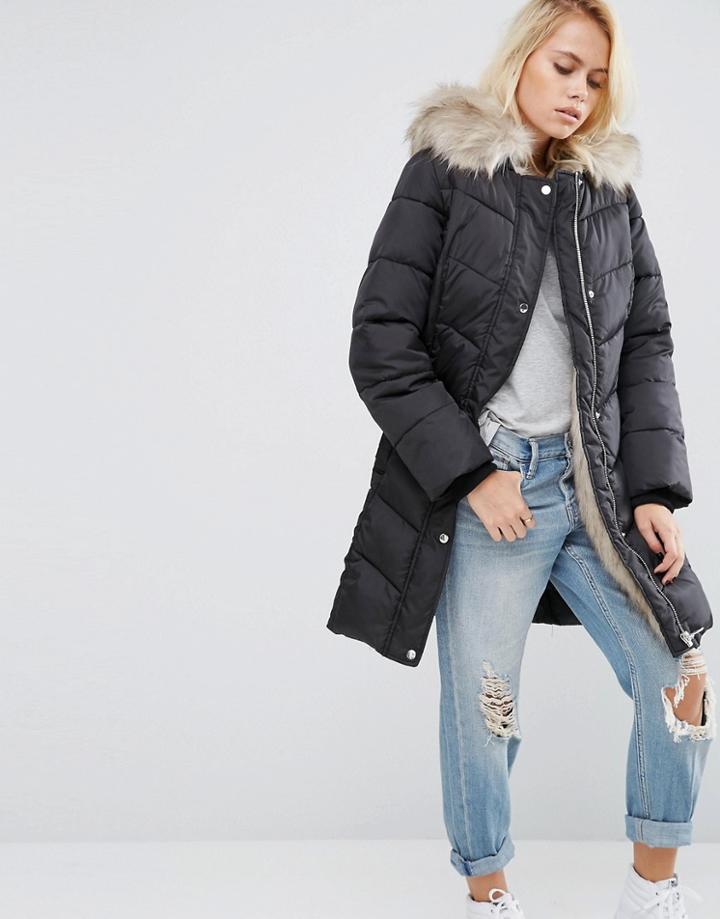 Asos Padded Jacket With Faux Fur And Hood - Black