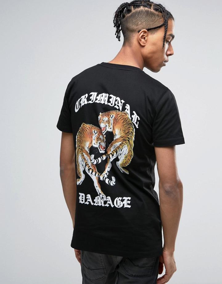 Criminal Damage T-shirt In Black With Tiger Back Print - Black