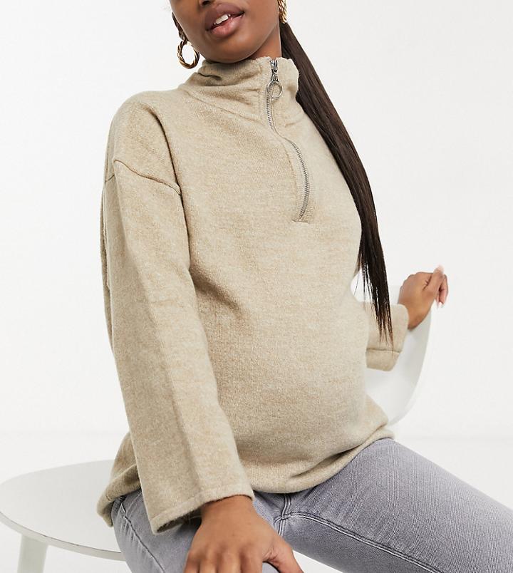 Asos Design Maternity Sweater With Half Zip And Wide Sleeves In Stone-neutral