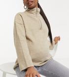 Asos Design Maternity Sweater With Half Zip And Wide Sleeves In Stone-neutral