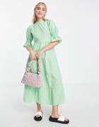 Influence Short Frill Sleeve Midi Dress In Green Gingham