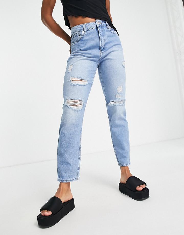 Noisy May Isabel High Waisted Ripped Mom Jeans In Light Blue