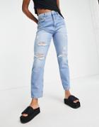 Noisy May Isabel High Waisted Ripped Mom Jeans In Light Blue