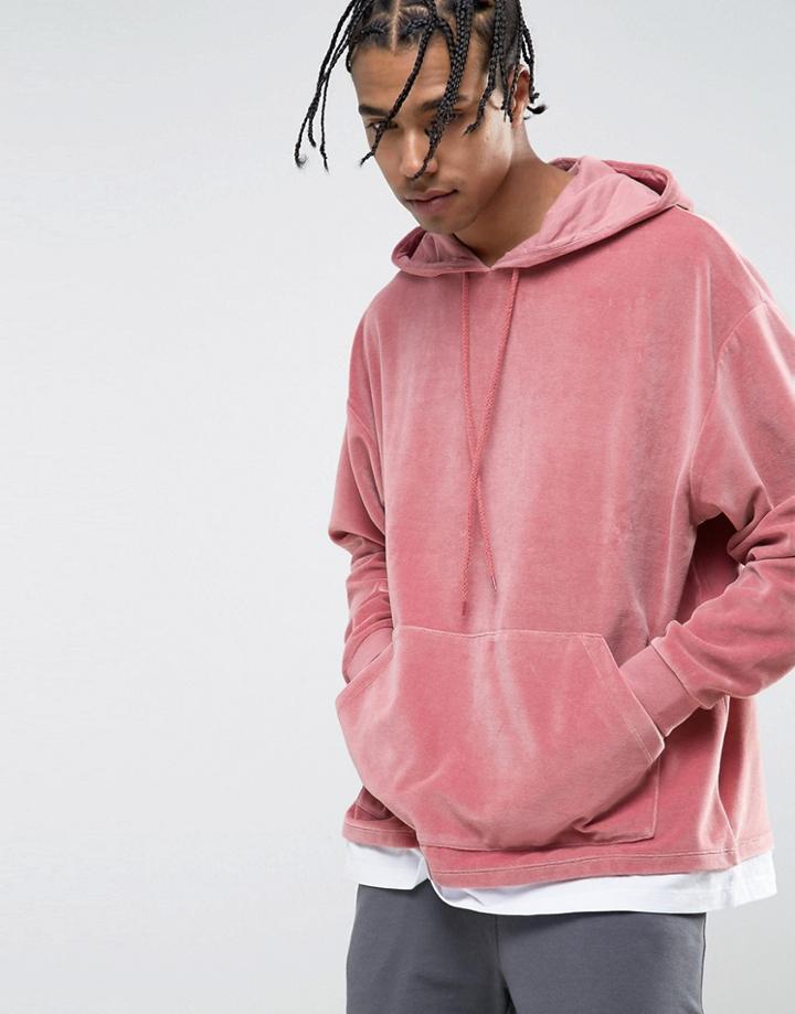 Asos Oversized Velour Hoodie With T-shirt Hem - Pink