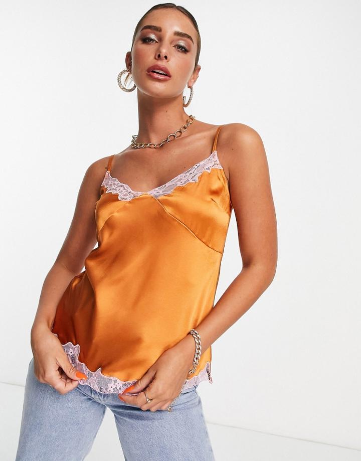 Asos Design Satin Cami With Seam Detail And Lace Trim In Rust & Baby Pink-orange