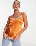 Asos Design Satin Cami With Seam Detail And Lace Trim In Rust & Baby Pink-orange