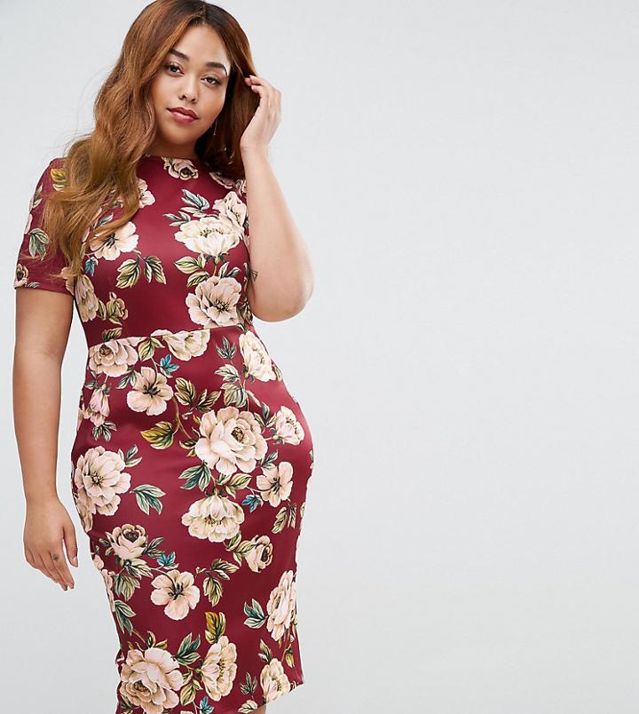 Asos Curve Oxblood Floral T-shirt Scuba Bodycon Dress - Multi