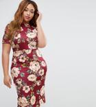 Asos Curve Oxblood Floral T-shirt Scuba Bodycon Dress - Multi