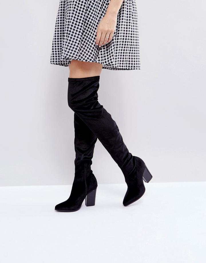 London Rebel Velvet Block Point Toe Over Knee Boot - Black