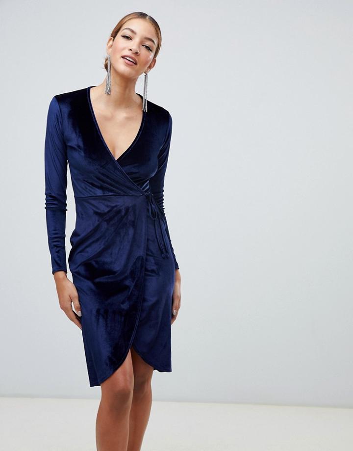 Boohoo Velvet Tie Waist Wrap Midi Dress In Navy - Black
