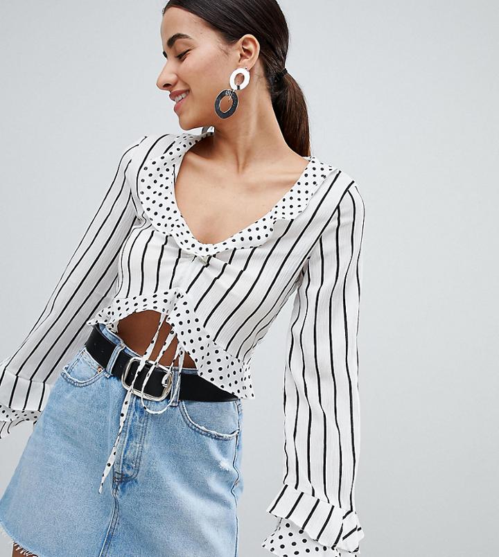 Boohoo Mixed Polka Dot & Stripe Top - White
