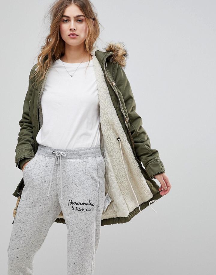 Abercrombie & Fitch Twill Faux Fur Lined Parka - Green
