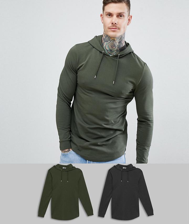 Asos Design Longline Muscle Hoodie With Curved Hem In Black/khaki 2 Pack - Multi