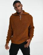 Asos Design Knitted Oversized Rib Half Zip Sweater In Brown Melange
