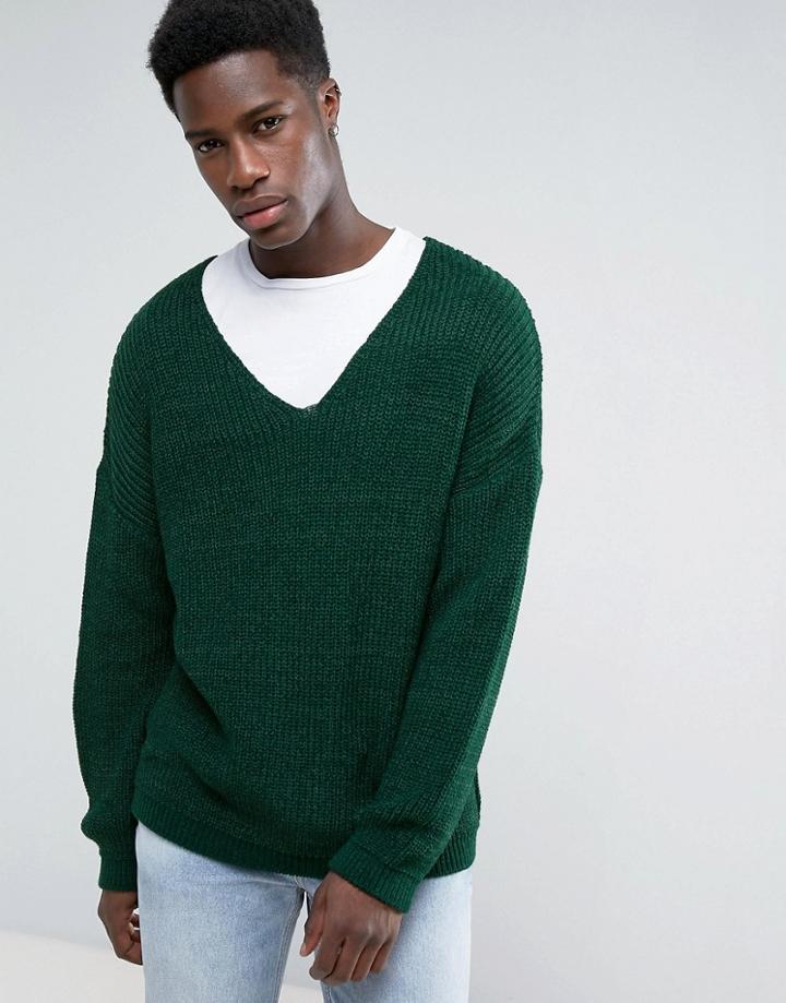 Asos Slouchy V-neck Sweater In Green - Green