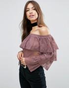 Asos Top In Ruffle Lace With Off Shoulder - Pink