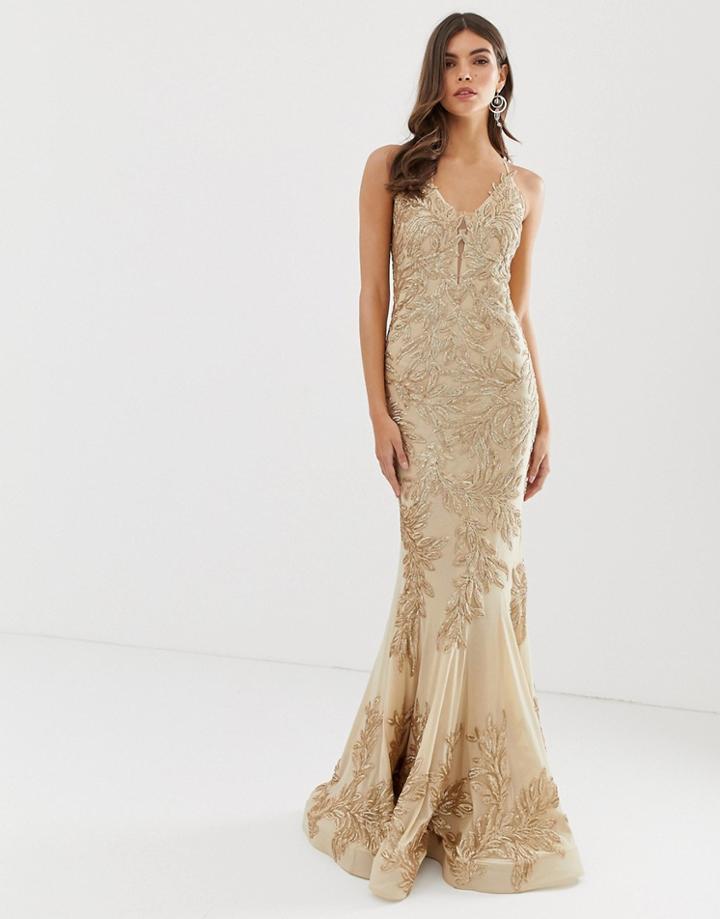 Forever Unique Fishtail Prom Maxi Dress In Lace Embroidery In Gold - Gold