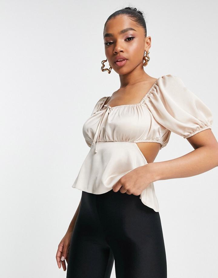 Miss Selfridge Satin Tie Front Top With Cut-out Sides In Blush-pink