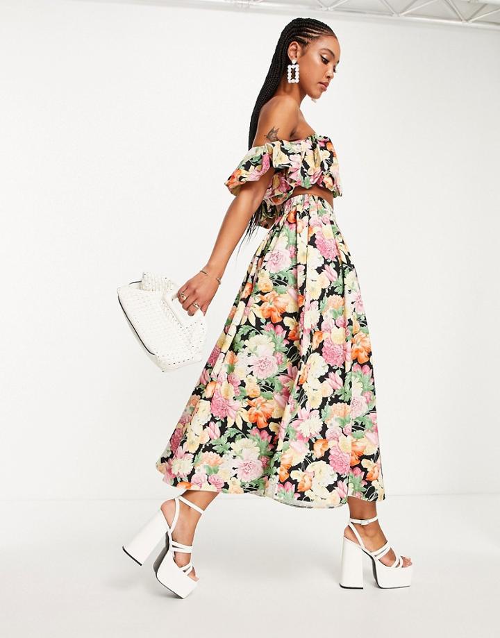 Asos Edition Cotton Full Midi Skirt With Tiers In Dark Floral Chintz Print-multi
