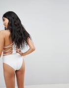 Asos Design Premium Lace Applique Strappy Back Swimsuit-cream