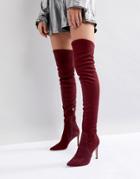 Dune London Pull On Over The Knee Suede Boot In Berry - Red