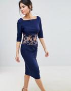 Little Mistress Pencil Midi Dress With Embroidered Detail - Navy
