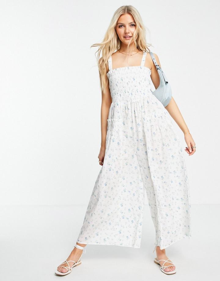 Asos Design Shirred Elastic Back Jumpsuit In Meadow Floral-multi