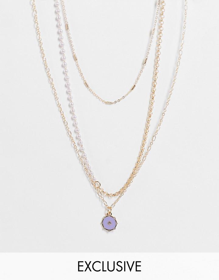 Reclaimed Vintage Inspired Cosmic Multirow Necklace With Faux Pearl Detail In Gold
