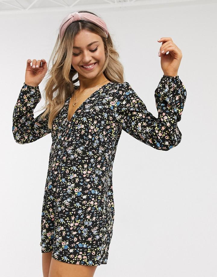 Asos Design Long Sleeve Swing Tea Romper In Floral Print-multi