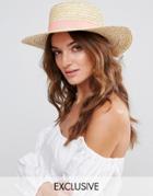 South Beach Straw Boater Hat With Peach Band - Beige