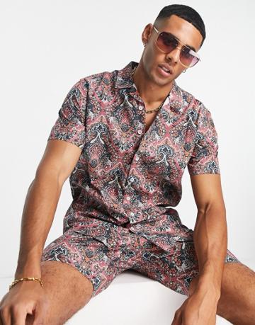 Le Breve Paisley Print Camp Collar Shirt In Navy Multi - Part Of A Set