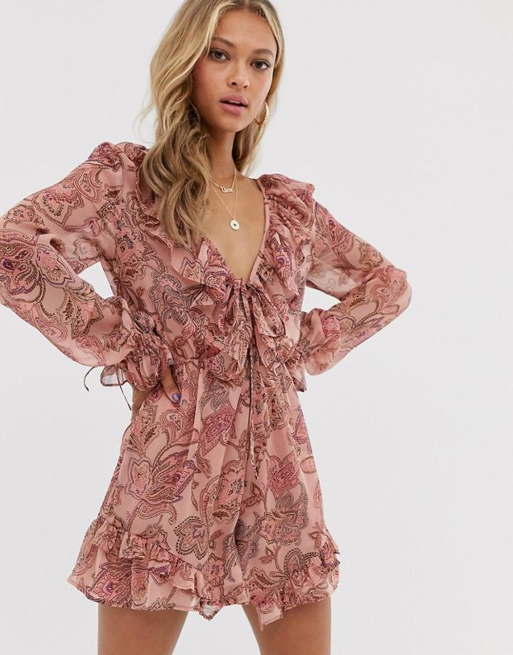Asos Design Ruffle Tie Front Romper In Paisley Print-multi