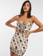 Asos Design Strappy Mini Dress With Tile Embellishment-multi