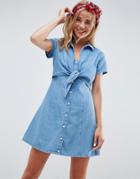 Asos Design Denim Dress With Tie Front - Blue