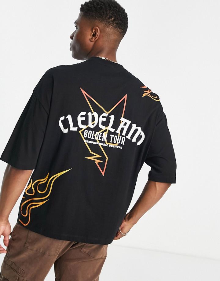 Asos Design Oversized T-shirt In Black With Cleveland Back & Chest Print